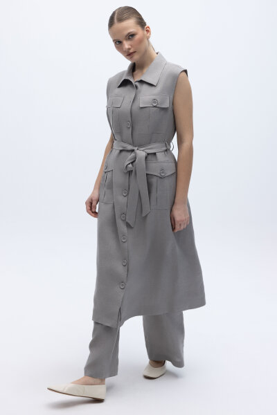 Kargo Cepli Uzun Keten Yelek Gri - 5