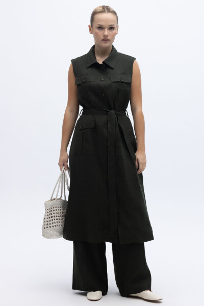 Kargo Cepli Uzun Keten Yelek Haki - 6