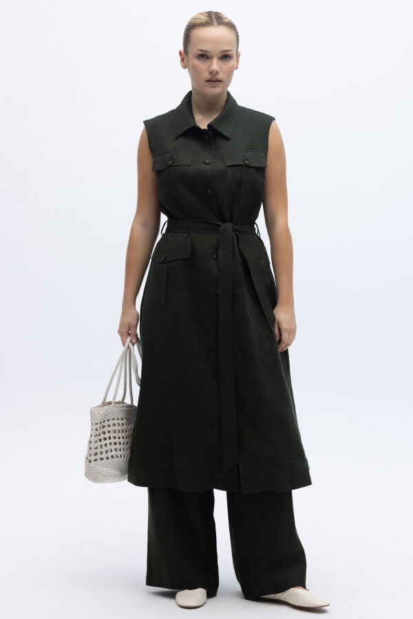 Kargo Cepli Uzun Keten Yelek Haki - 6