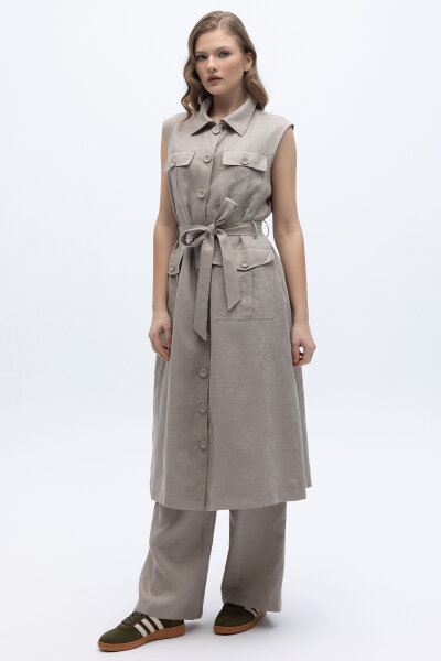 Kargo Cepli Uzun Keten Yelek Stone - MISS DALIDA (1)