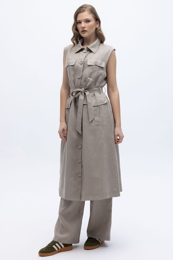 Kargo Cepli Uzun Keten Yelek Stone - 2