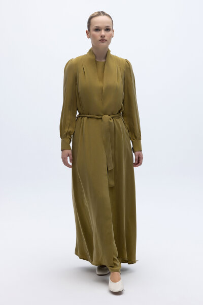 Kemer Tokalı Uzun Cupro Ceket Amber 