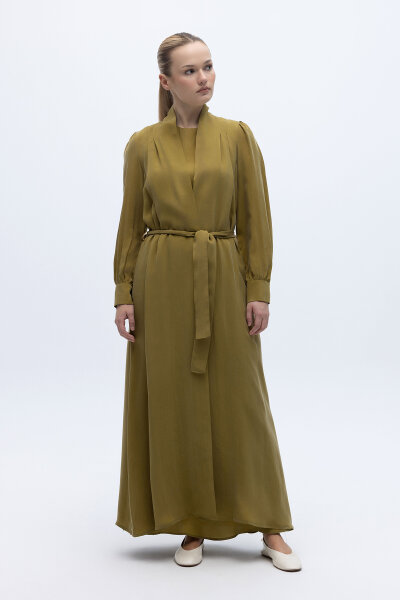 Kemer Tokalı Uzun Cupro Ceket Amber - 4