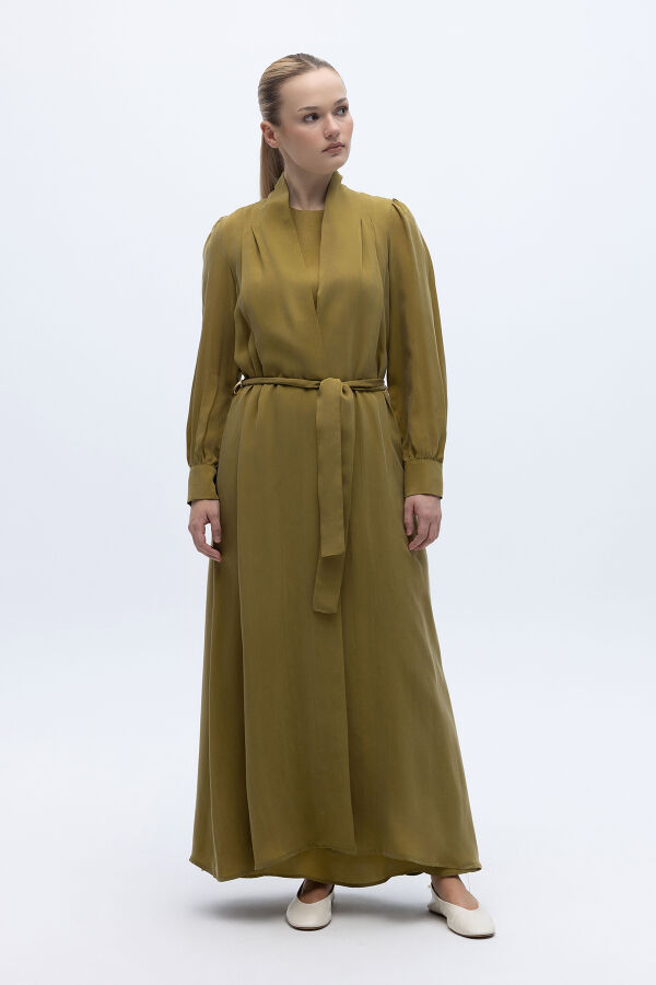 Kemer Tokalı Uzun Cupro Ceket Amber - 4