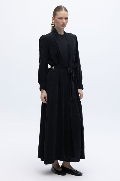 Kemer Tokalı Uzun Cupro Ceket Siyah 