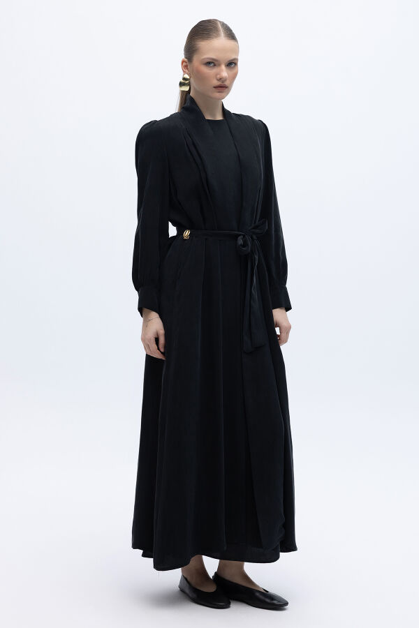 Kemer Tokalı Uzun Cupro Ceket Siyah - 1