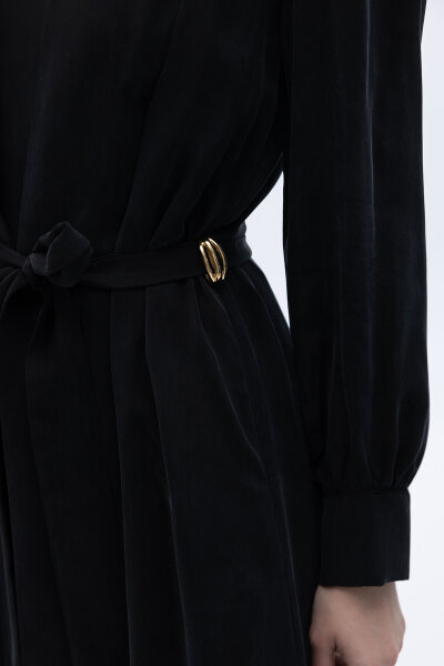 Kemer Tokalı Uzun Cupro Ceket Siyah - 2
