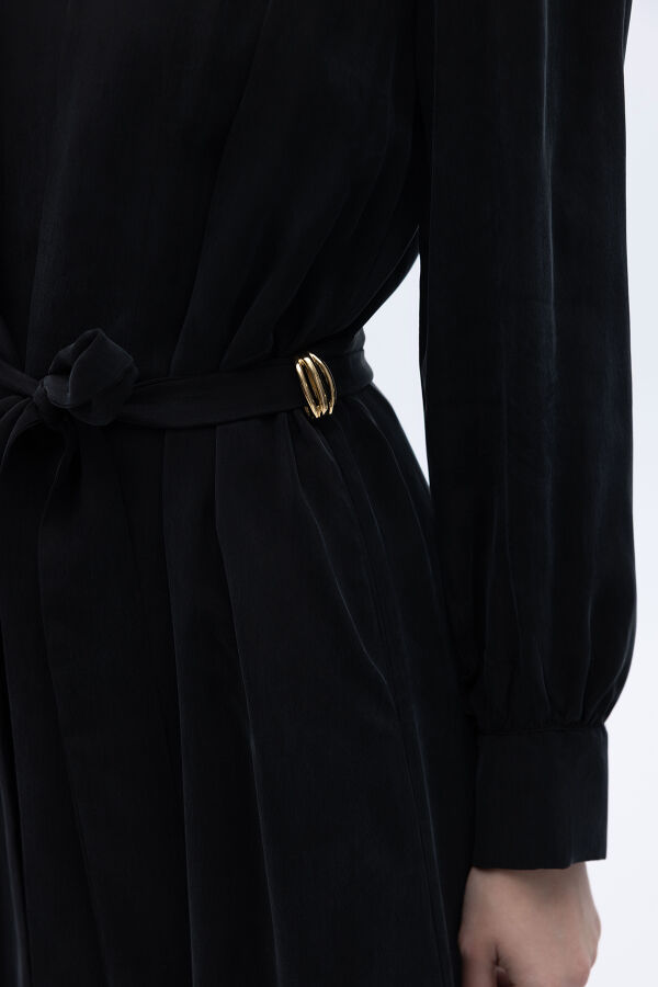 Kemer Tokalı Uzun Cupro Ceket Siyah - 2