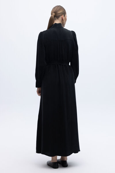 Kemer Tokalı Uzun Cupro Ceket Siyah - 3