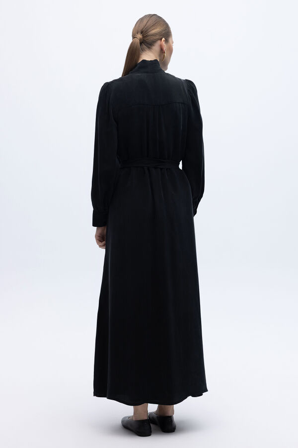 Kemer Tokalı Uzun Cupro Ceket Siyah - 3