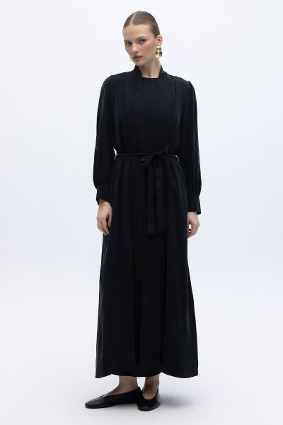 Kemer Tokalı Uzun Cupro Ceket Siyah - 4