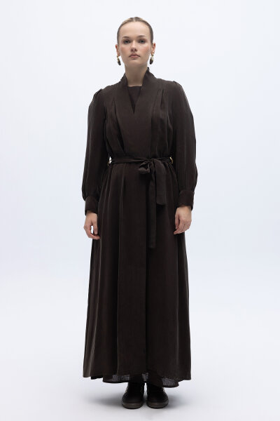 Kemer Tokalı Uzun Cupro Ceket Kahverengi 