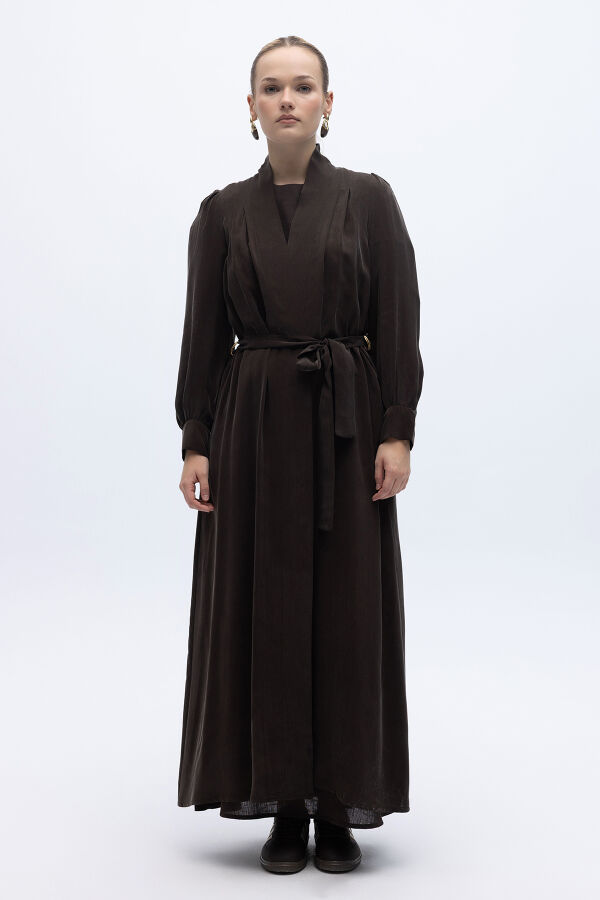 Kemer Tokalı Uzun Cupro Ceket Kahverengi - 1