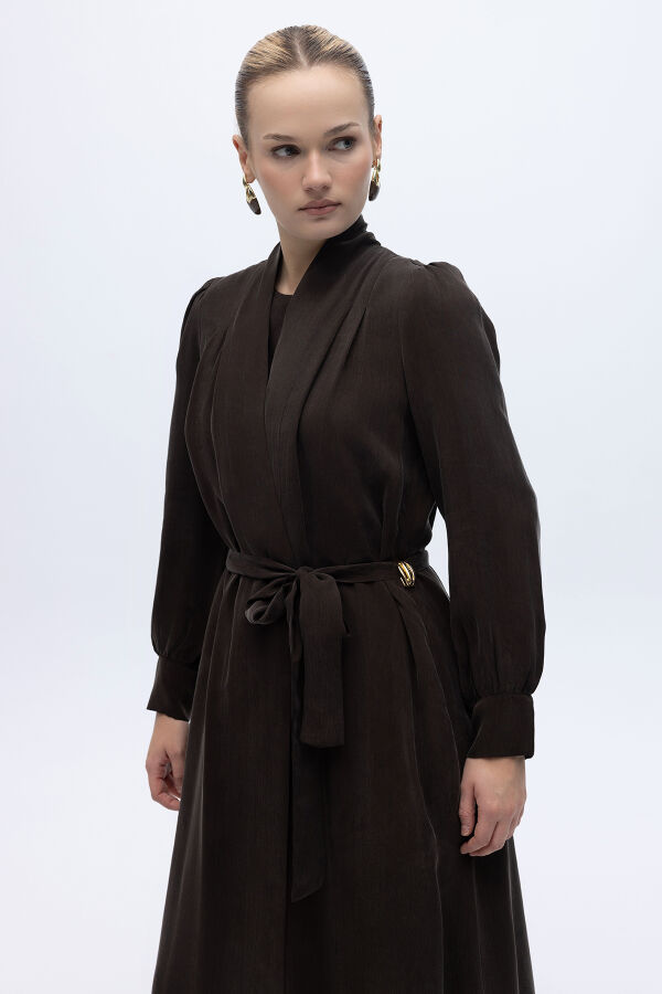 Kemer Tokalı Uzun Cupro Ceket Kahverengi - 3