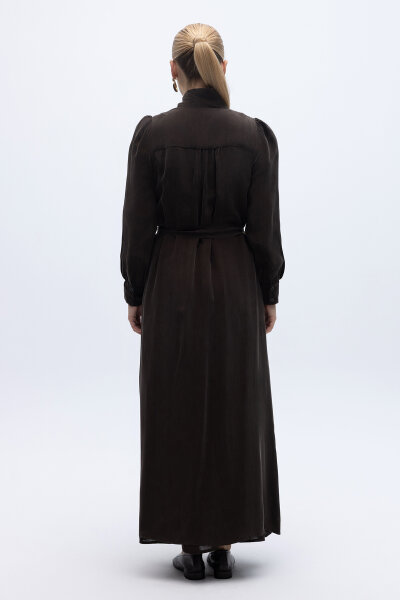 Kemer Tokalı Uzun Cupro Ceket Kahverengi - 4