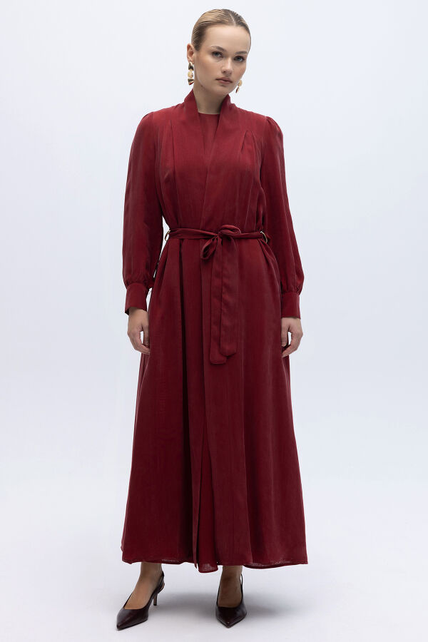 Kemer Tokalı Uzun Cupro Ceket Cherry - 1