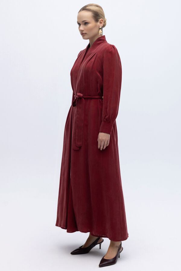 Kemer Tokalı Uzun Cupro Ceket Cherry - 2