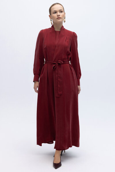 Kemer Tokalı Uzun Cupro Ceket Cherry - 3