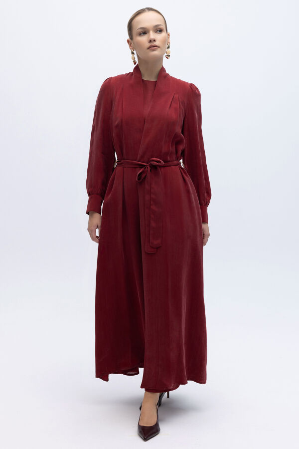 Kemer Tokalı Uzun Cupro Ceket Cherry - 3