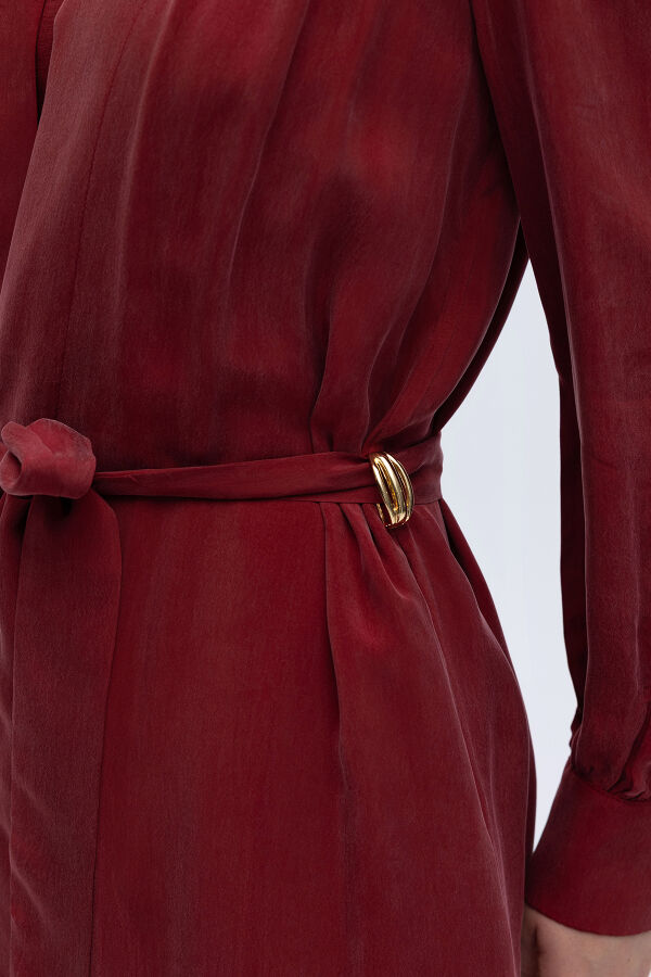 Kemer Tokalı Uzun Cupro Ceket Cherry - 4