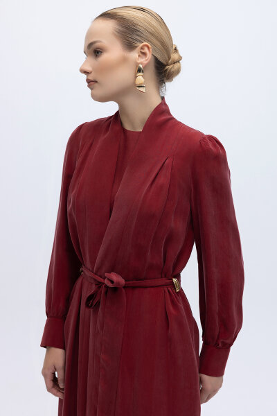 Kemer Tokalı Uzun Cupro Ceket Cherry - 5