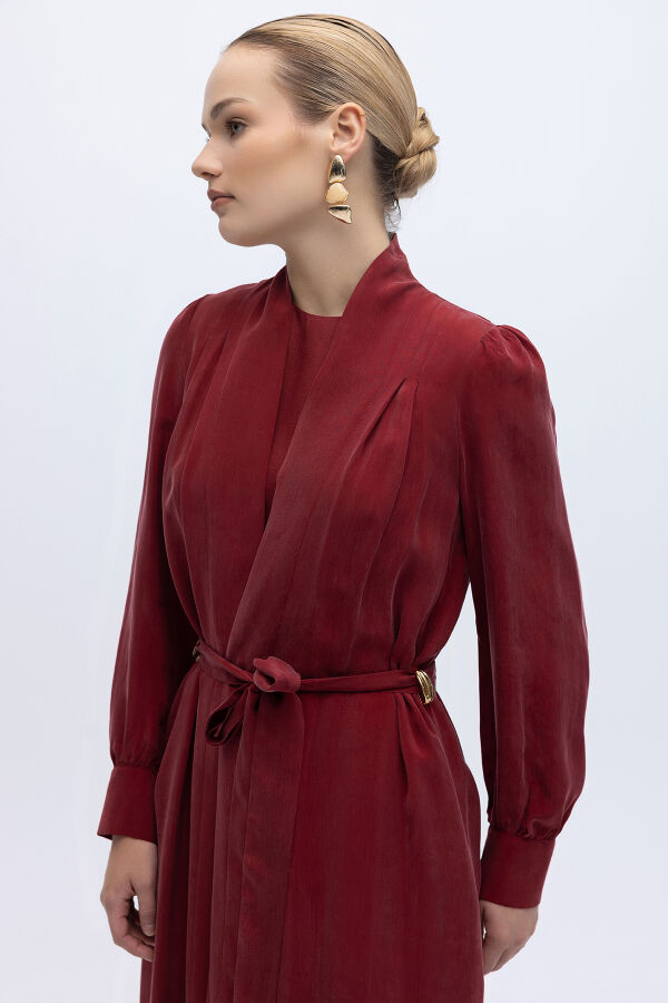 Kemer Tokalı Uzun Cupro Ceket Cherry - 5