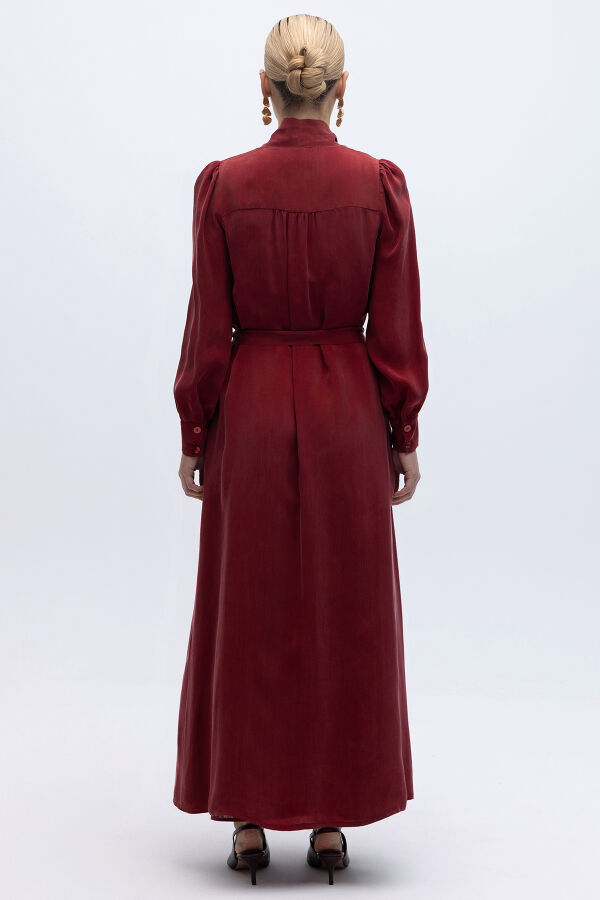 Kemer Tokalı Uzun Cupro Ceket Cherry - 6