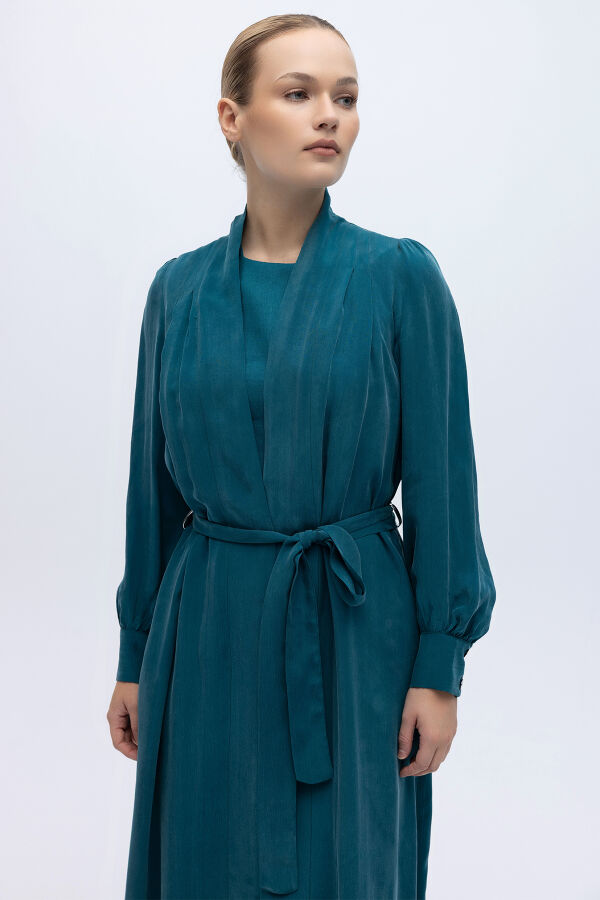 Kemer Tokalı Uzun Cupro Ceket North Sea - 2