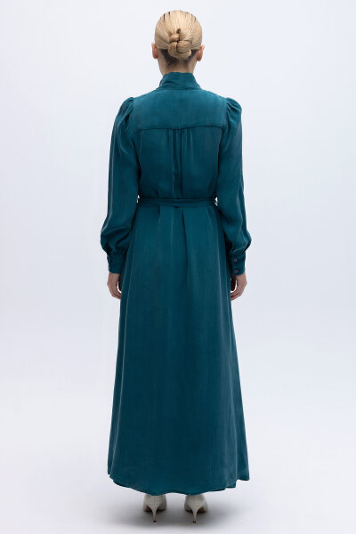 Kemer Tokalı Uzun Cupro Ceket North Sea - 5