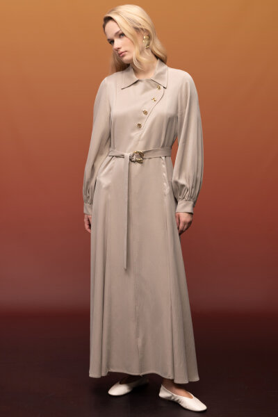 Kemer ve Düğme Detalı Cupro Keten Elbise Bej 