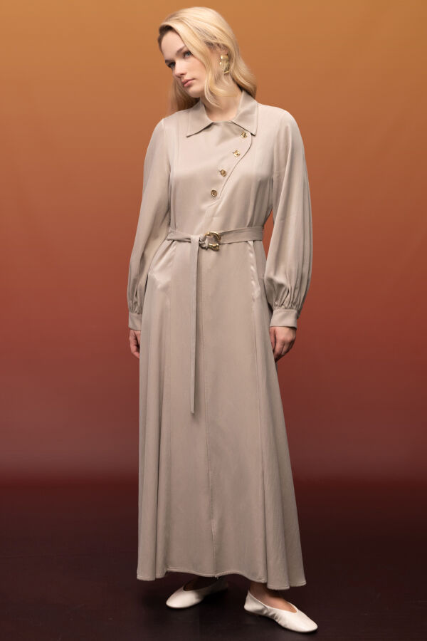 Kemer ve Düğme Detalı Cupro Keten Elbise Bej - 1