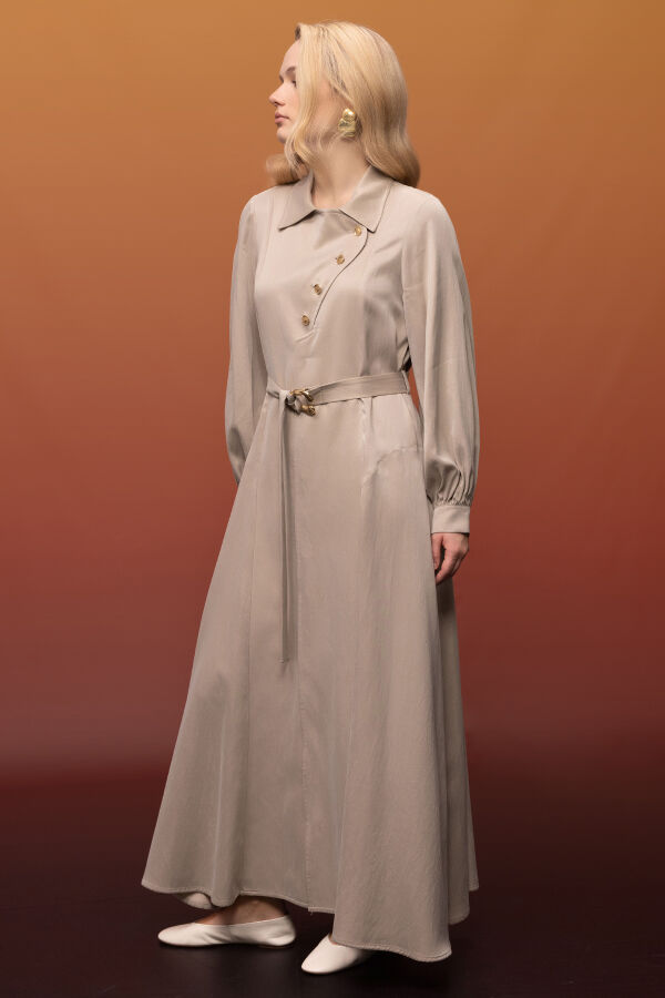 Kemer ve Düğme Detalı Cupro Keten Elbise Bej - 2