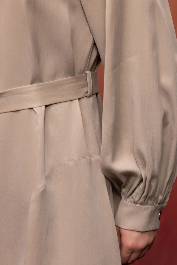 Kemer ve Düğme Detalı Cupro Keten Elbise Bej - 3