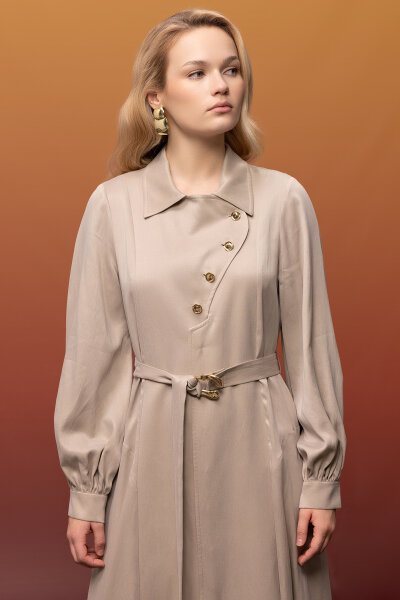Kemer ve Düğme Detalı Cupro Keten Elbise Bej - 5
