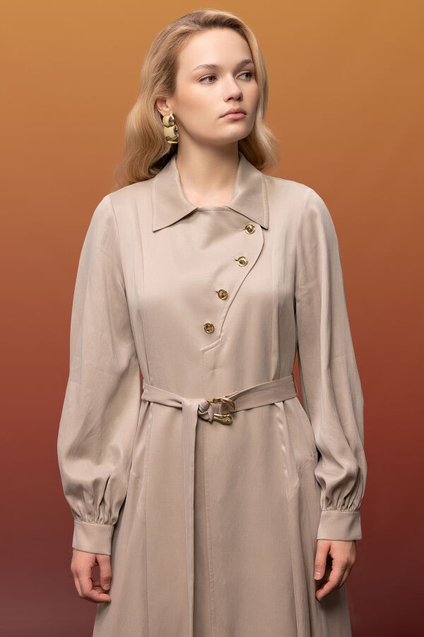 Kemer ve Düğme Detalı Cupro Keten Elbise Bej - 5