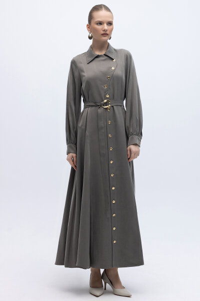 Kemer ve Düğme Detalı Cupro Keten Elbise Mink 