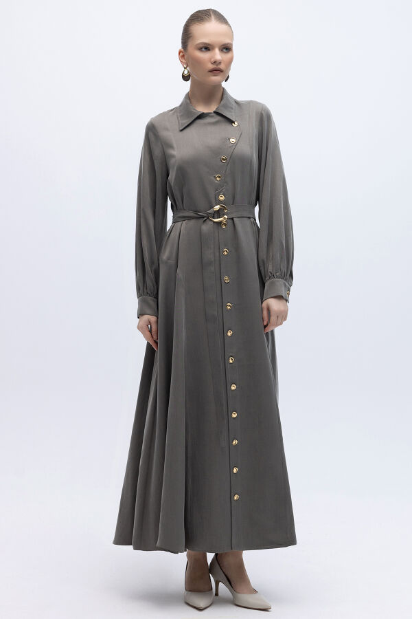 Kemer ve Düğme Detalı Cupro Keten Elbise Mink - 1