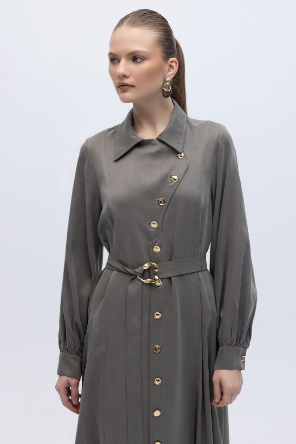 Kemer ve Düğme Detalı Cupro Keten Elbise Mink - 2
