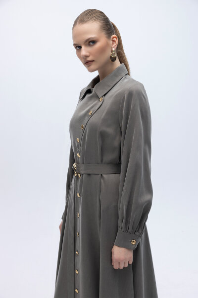 Kemer ve Düğme Detalı Cupro Keten Elbise Mink - 3