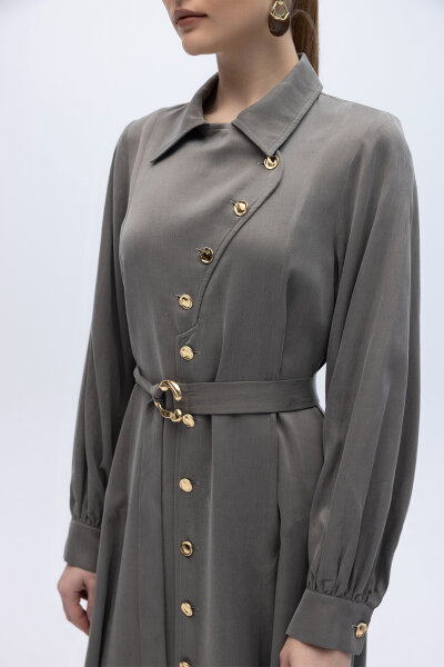 Kemer ve Düğme Detalı Cupro Keten Elbise Mink - 4