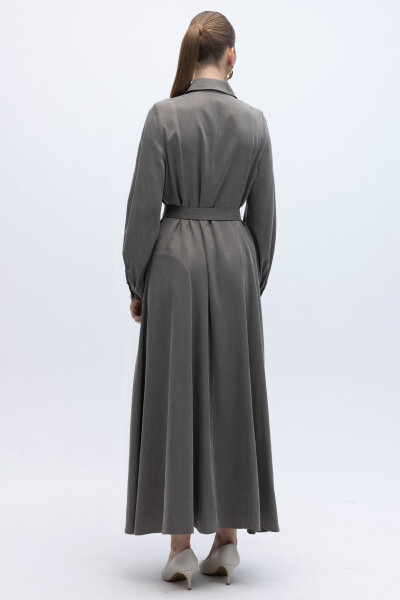 Kemer ve Düğme Detalı Cupro Keten Elbise Mink - 5