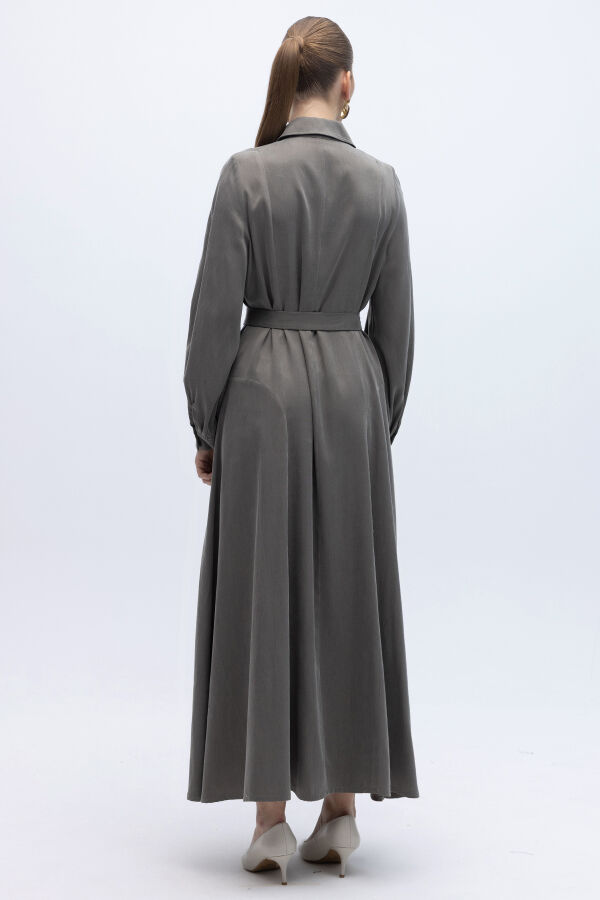Kemer ve Düğme Detalı Cupro Keten Elbise Mink - 5
