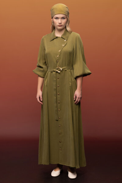 Kemer ve Düğme Detalı Cupro Keten Elbise Olive - 1