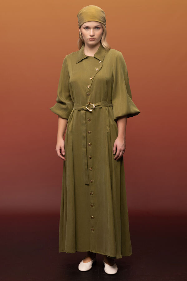 Kemer ve Düğme Detalı Cupro Keten Elbise Olive - 1