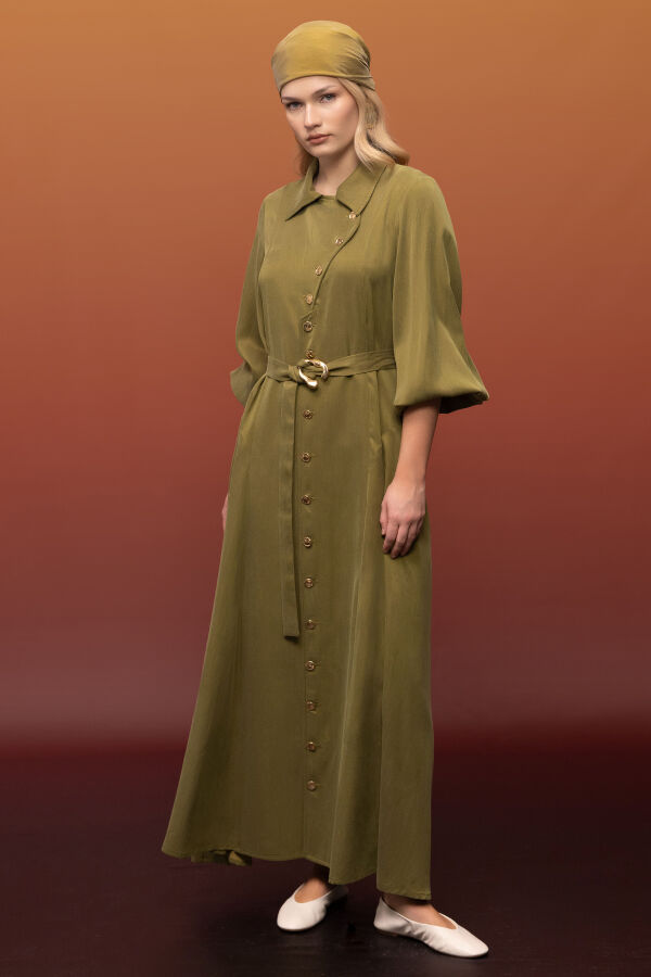 Kemer ve Düğme Detalı Cupro Keten Elbise Olive - 2