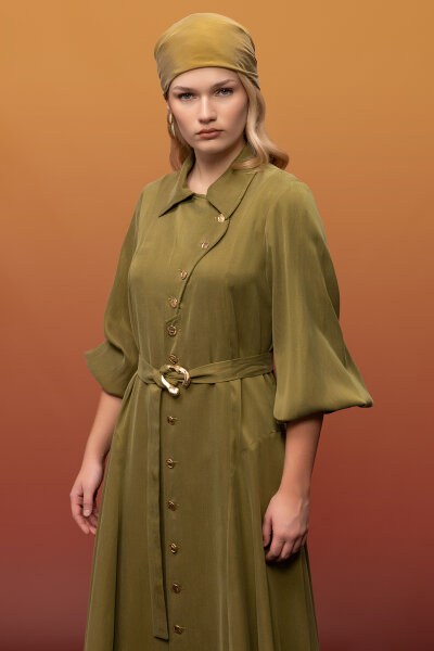 Kemer ve Düğme Detalı Cupro Keten Elbise Olive - 3