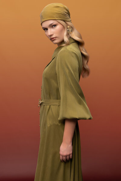 Kemer ve Düğme Detalı Cupro Keten Elbise Olive - 4