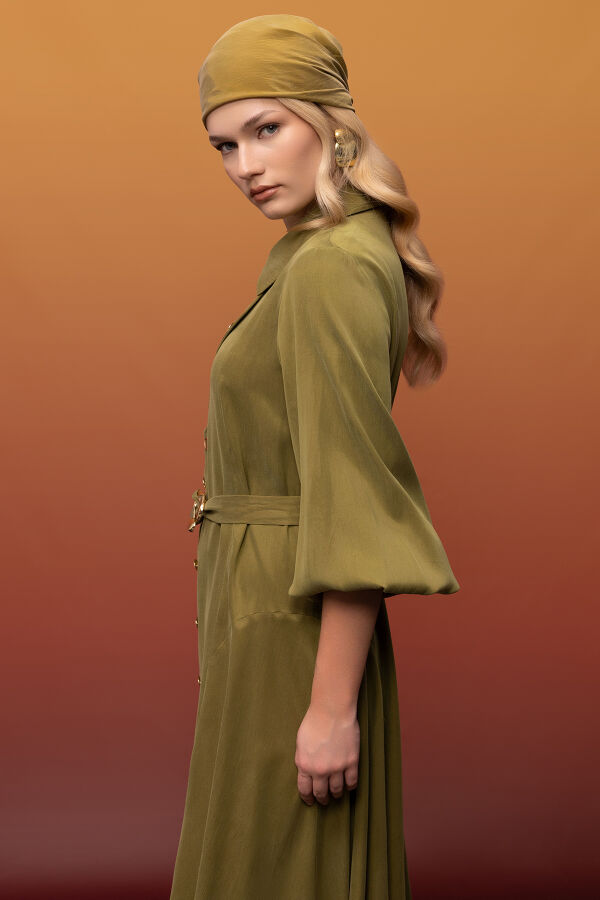 Kemer ve Düğme Detalı Cupro Keten Elbise Olive - 4