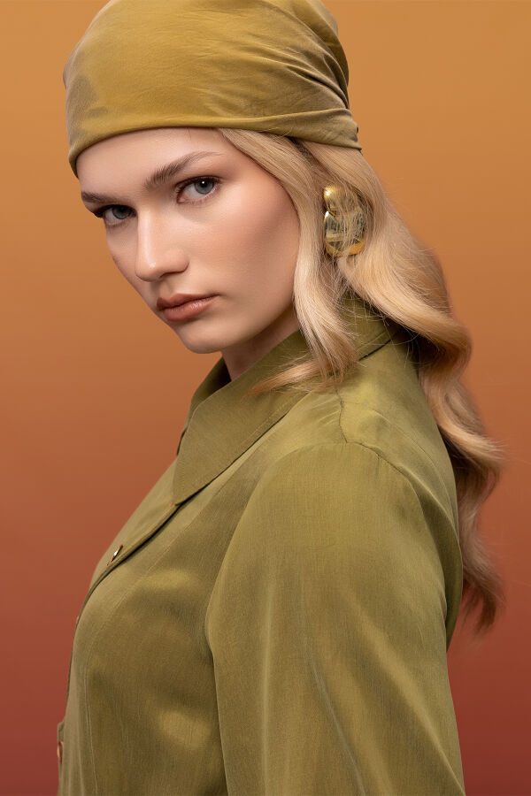 Kemer ve Düğme Detalı Cupro Keten Elbise Olive - 5