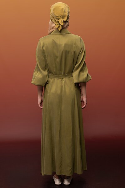 Kemer ve Düğme Detalı Cupro Keten Elbise Olive - 6